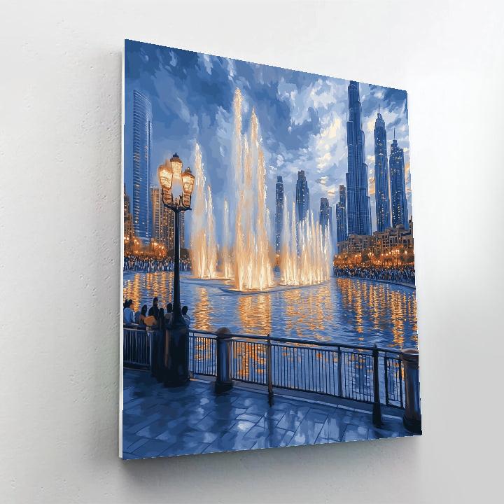 Evening Reflections At The Dubai Fountain Boardwalk Dubai United Arab Emirates Number painting