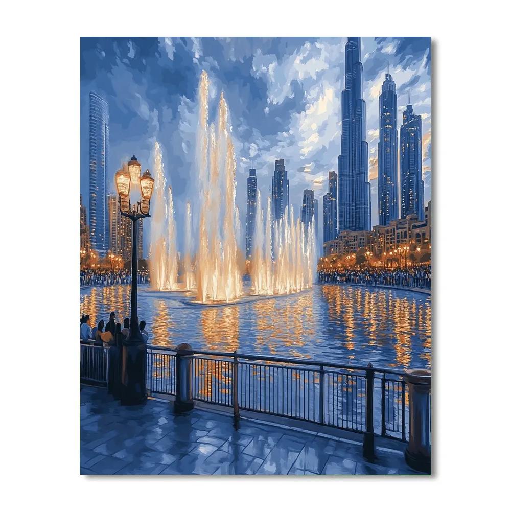 Evening Reflections At The Dubai Fountain Boardwalk Dubai United Arab Emirates Number painting