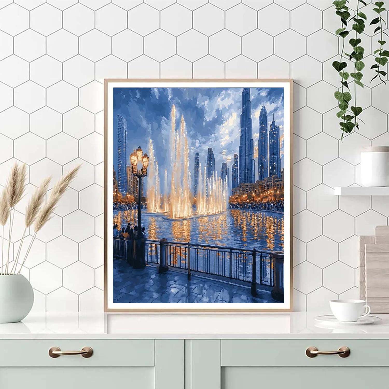 Evening Reflections At The Dubai Fountain Boardwalk Dubai United Arab Emirates Number painting