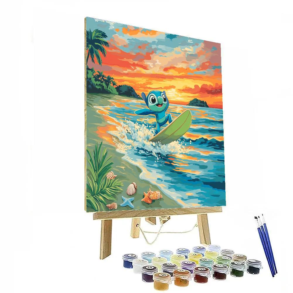 Stitch Tropical Sunset Surf Lesson Number painting