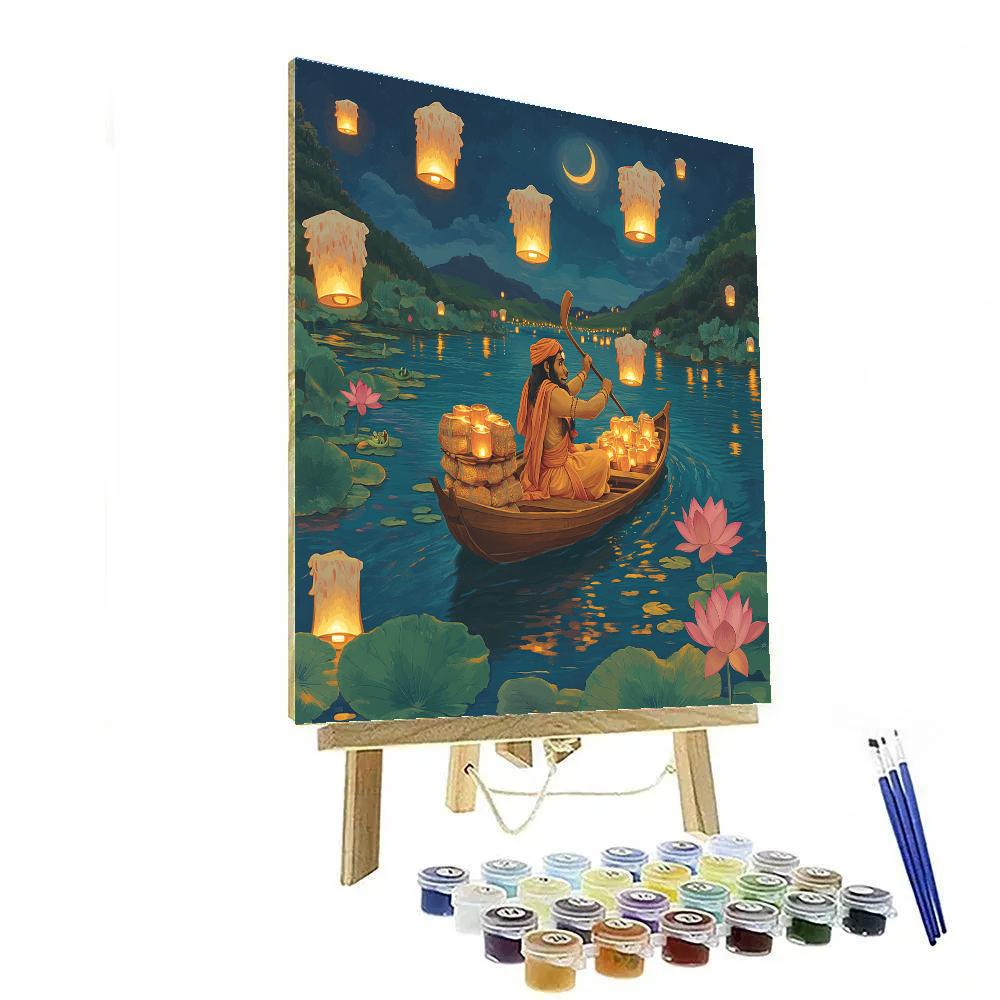 Hanuman Lantern Boat On Lotus Lake Number painting