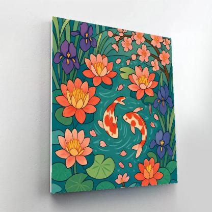 Koi Pond Reflections In Floral Mosaic Paint by numbers art