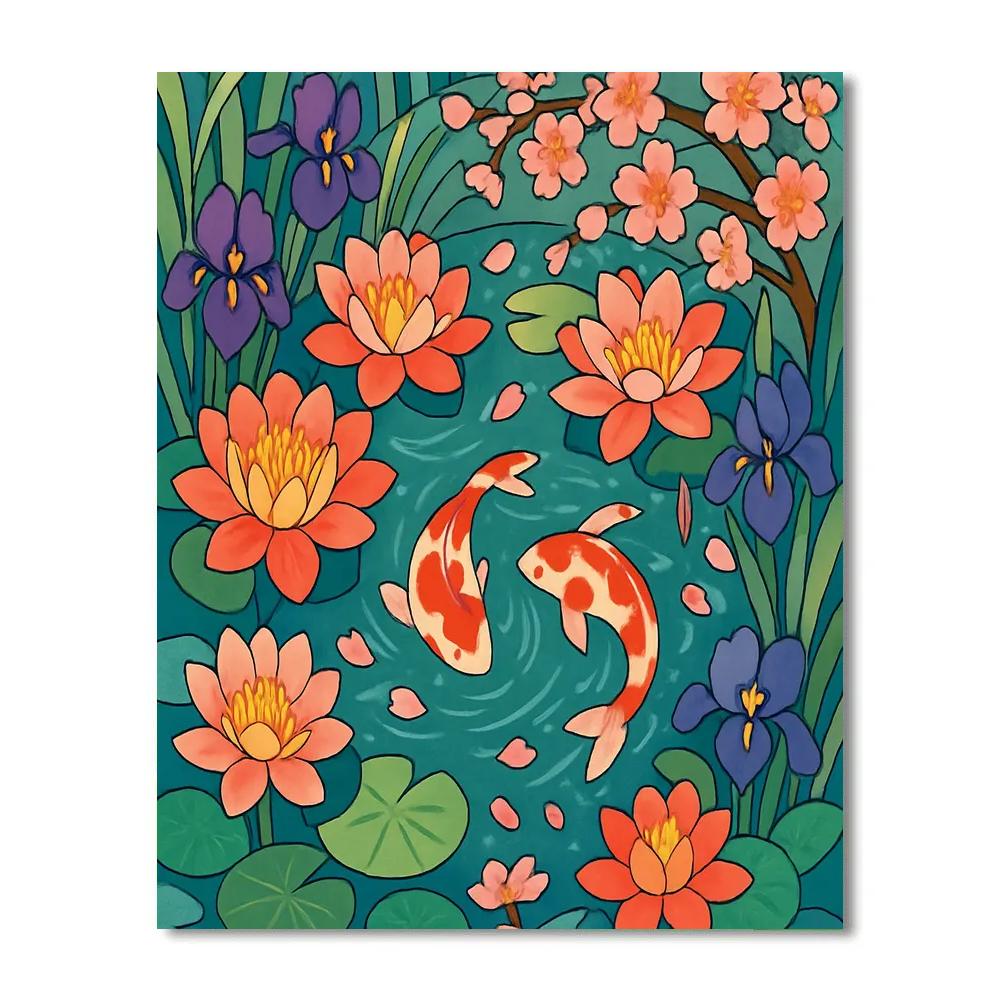 Koi Pond Reflections In Floral Mosaic Paint by numbers art