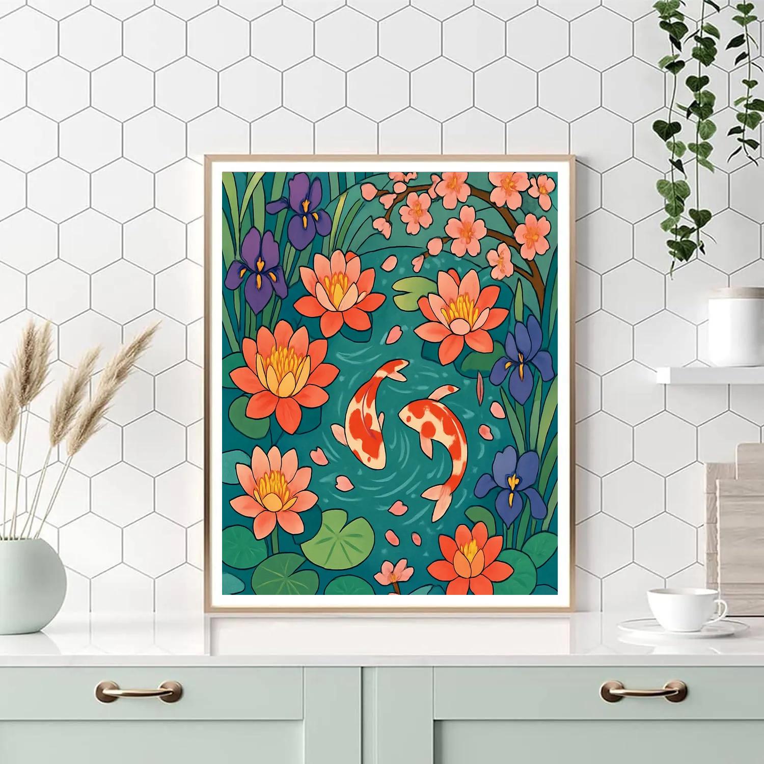 Koi Pond Reflections In Floral Mosaic Paint by numbers art