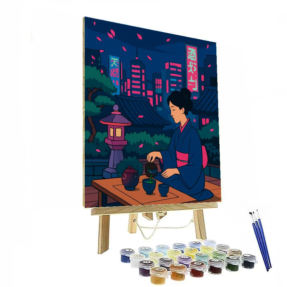 Neon Tea Ceremony In Japan Skyline Painting by numbers kit