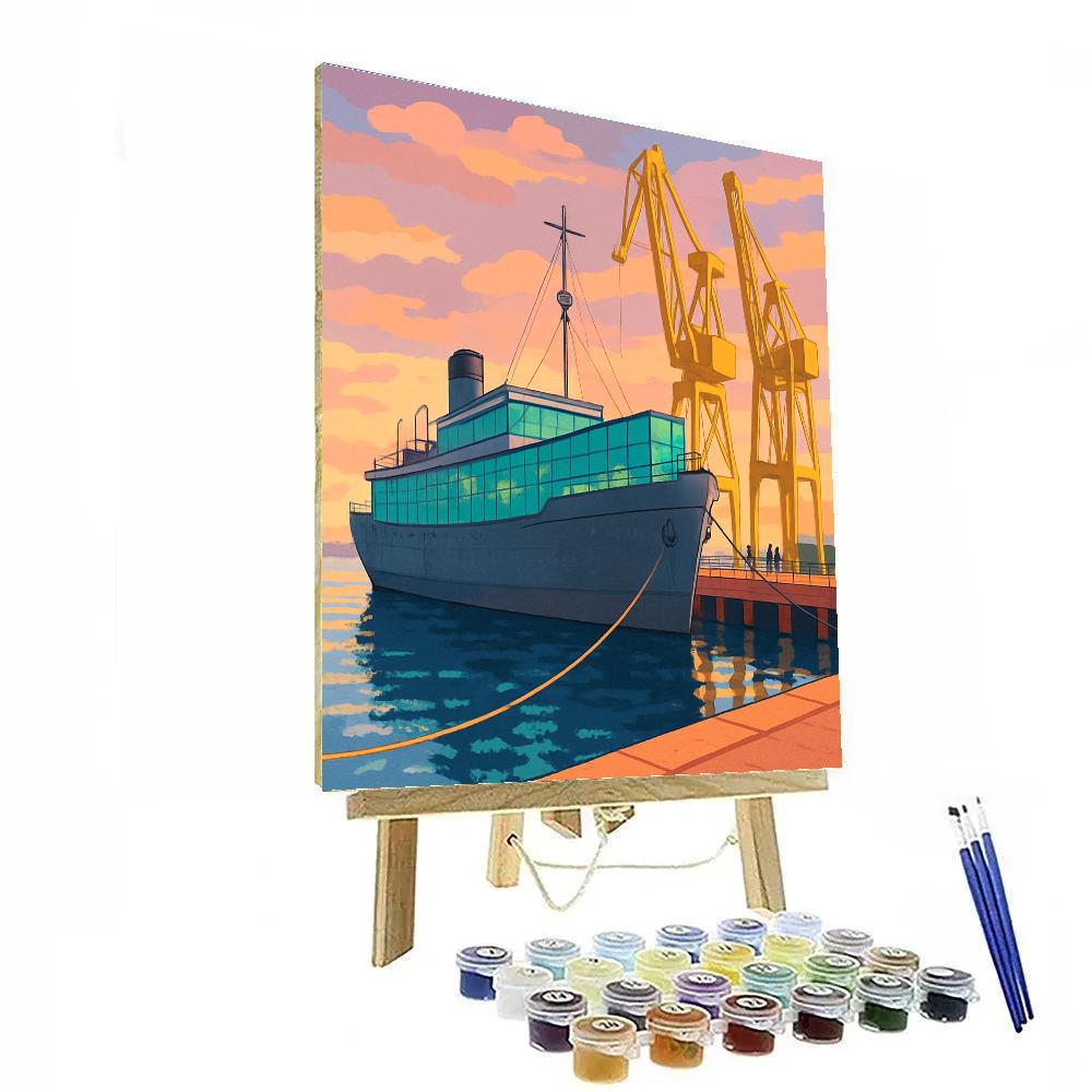 Sunset Port Panorama With Glass Walled Ship Museum paint by color
