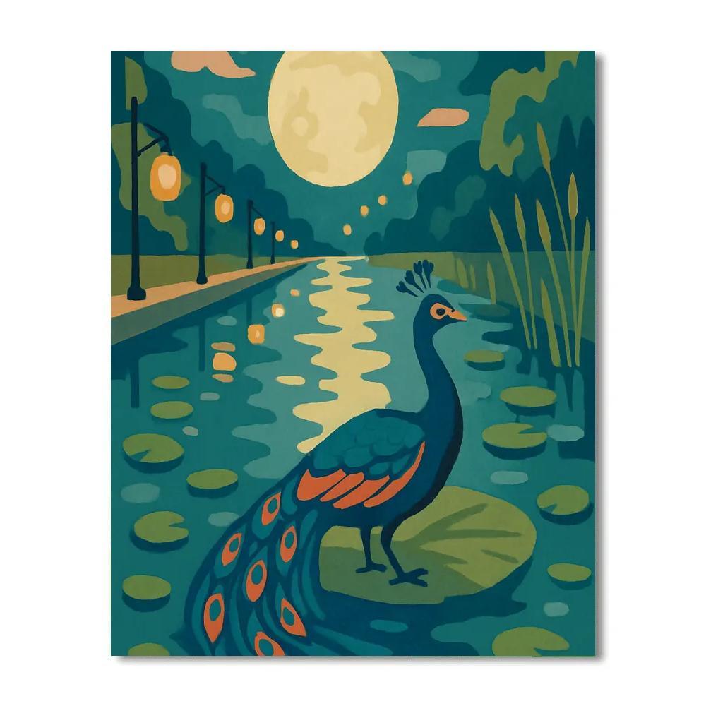 Moonlit Lily Canal With Peacock DIY paint by numbers