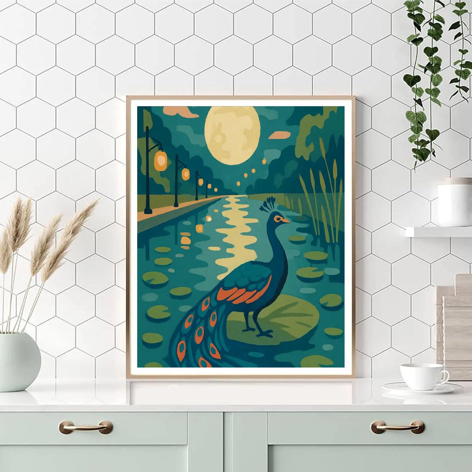 Moonlit Lily Canal With Peacock DIY paint by numbers