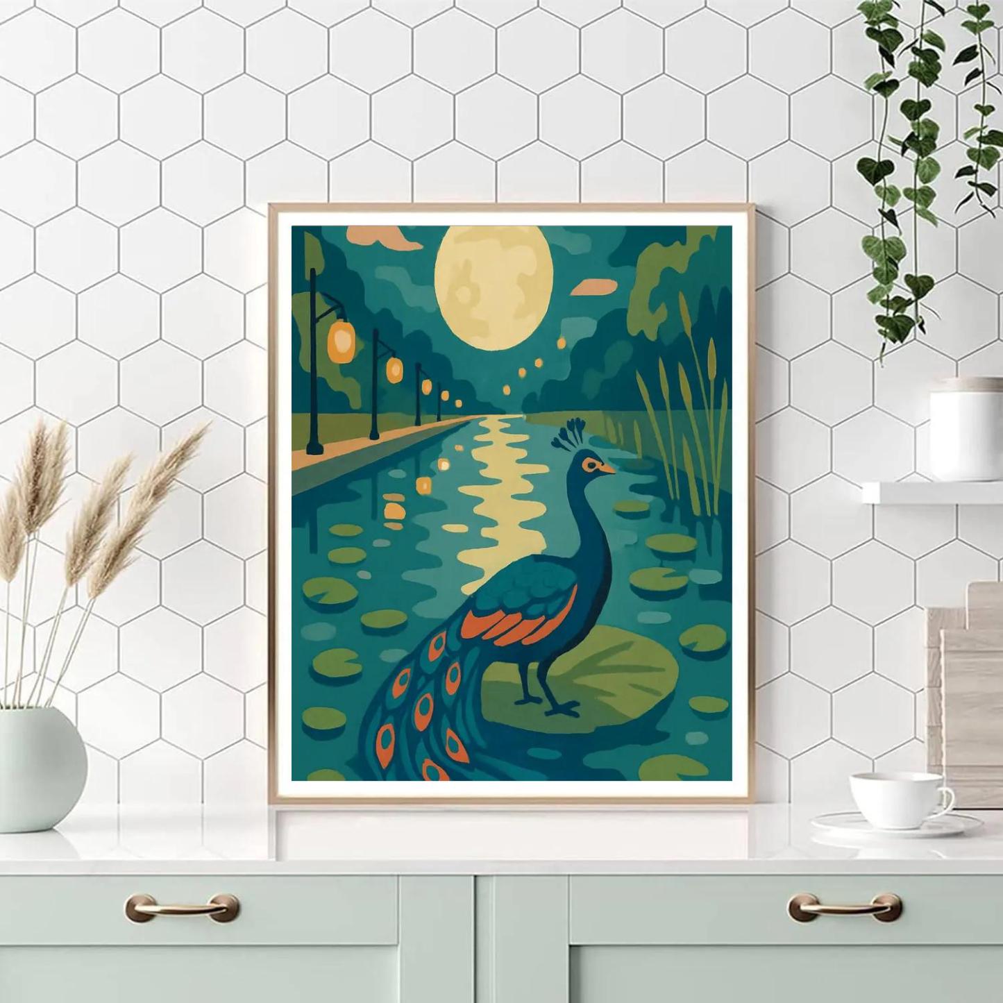 Moonlit Lily Canal With Peacock DIY paint by numbers