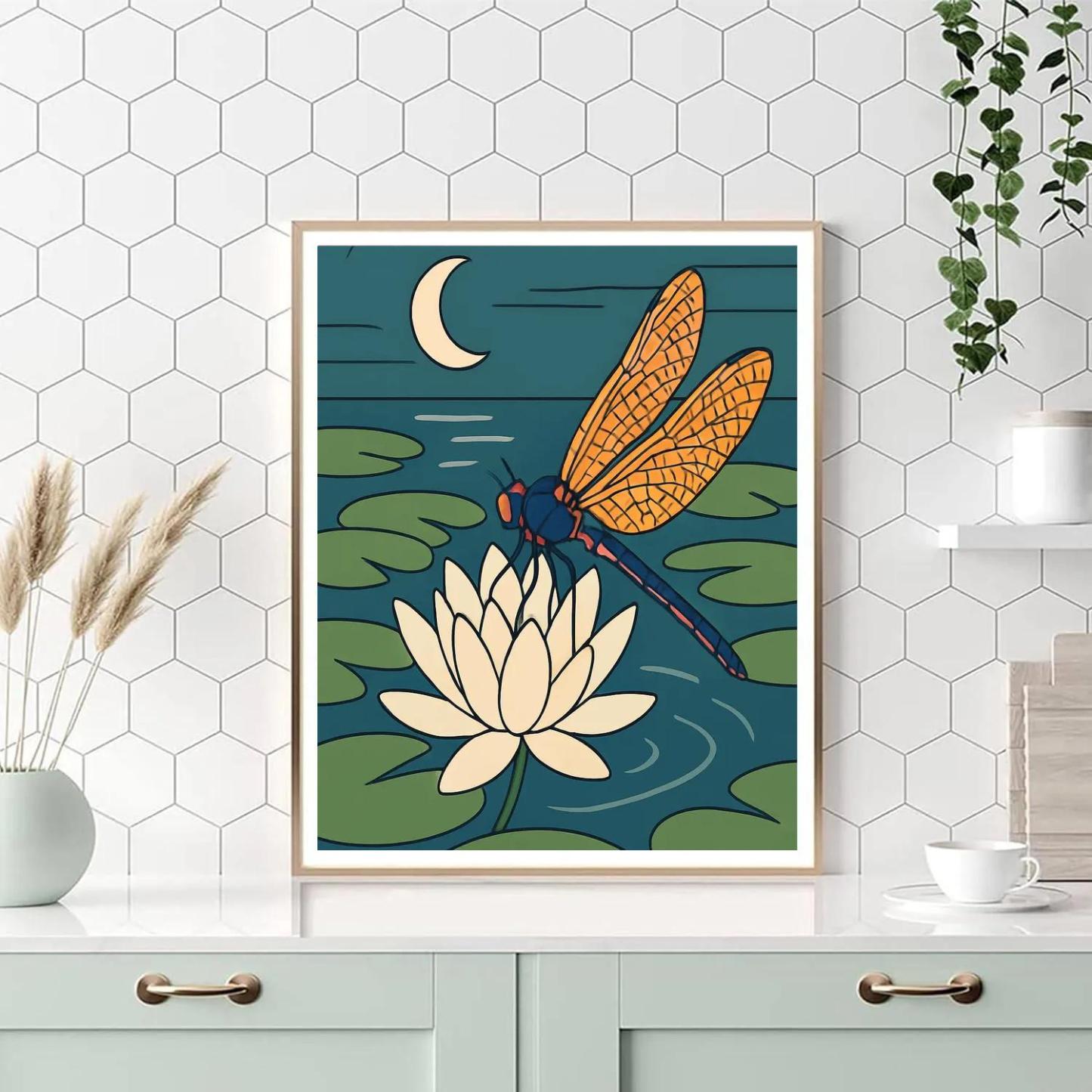 Moonlit Waterlily Mosaic Dragonfly Number painting