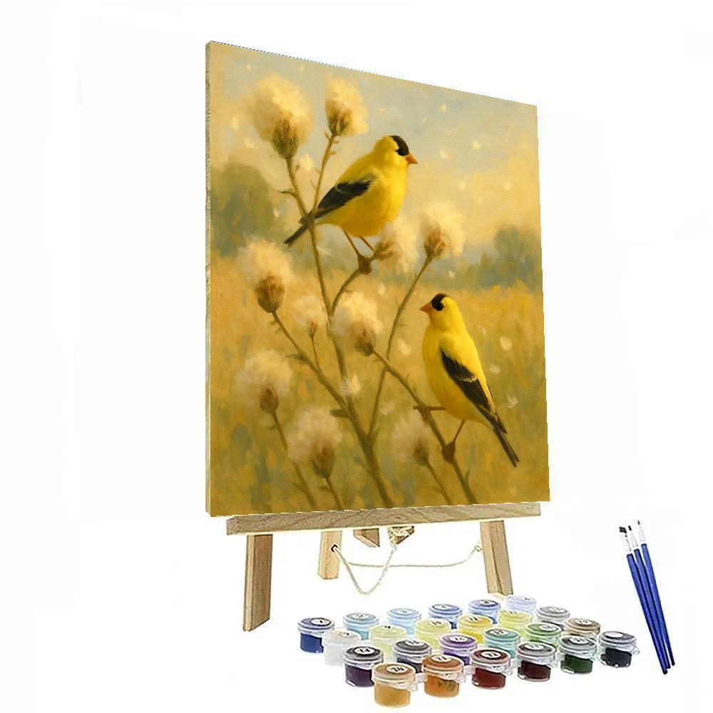 Goldfinches Among Sunlit Thistle Fluff painting number kit