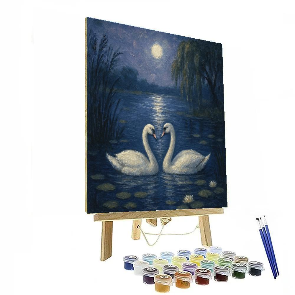 Mute Swans In Moonlit Lily Cove Number painting