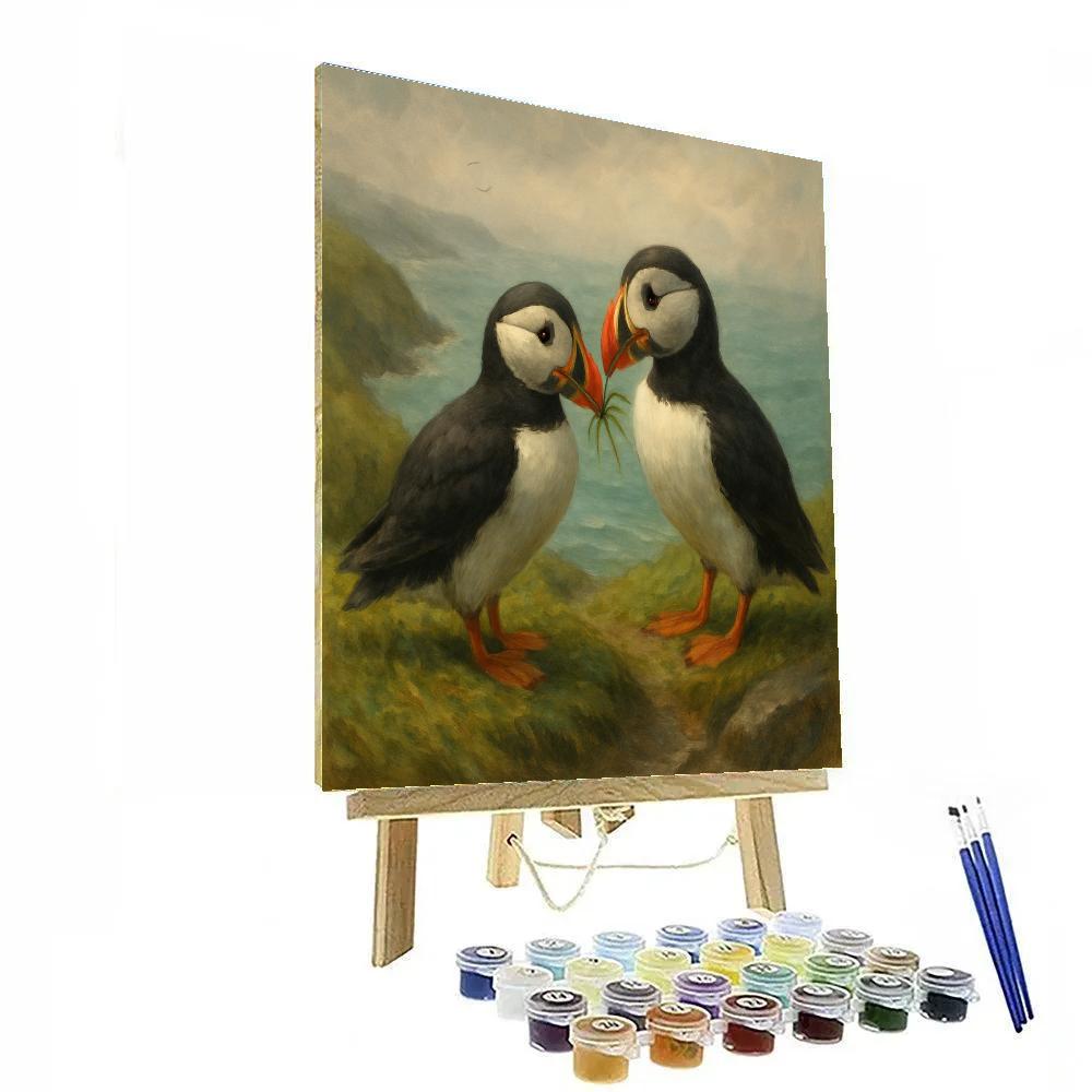 Puffins On A Misty Cliffside Picnic Breeze paint by number