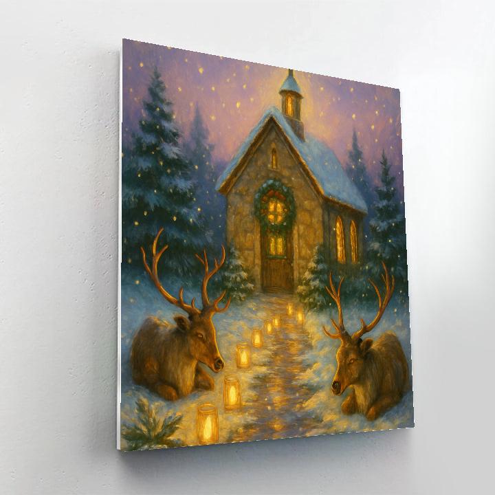 Reindeer Resting By The Candlelit Chapel paint by number