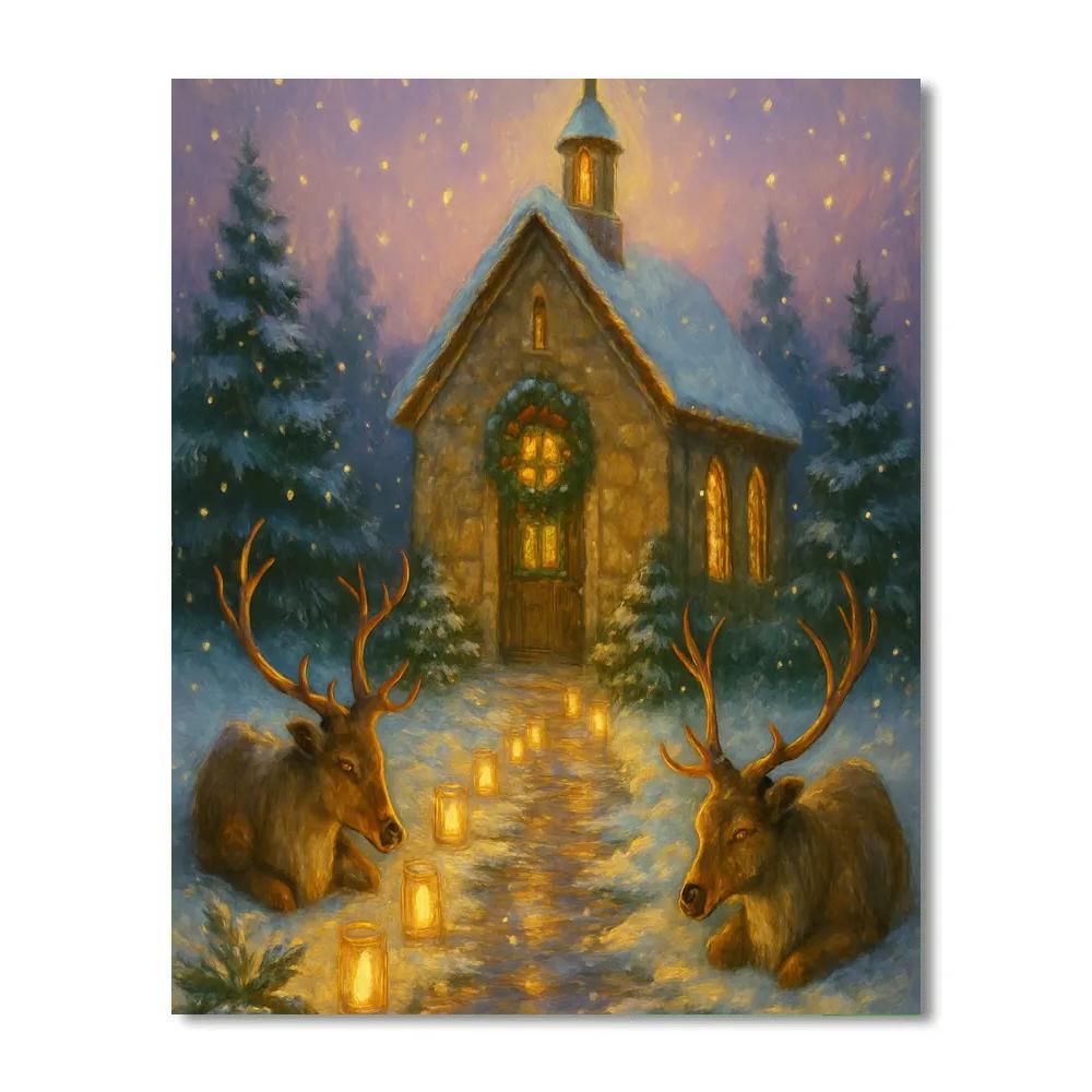 Reindeer Resting By The Candlelit Chapel paint by number
