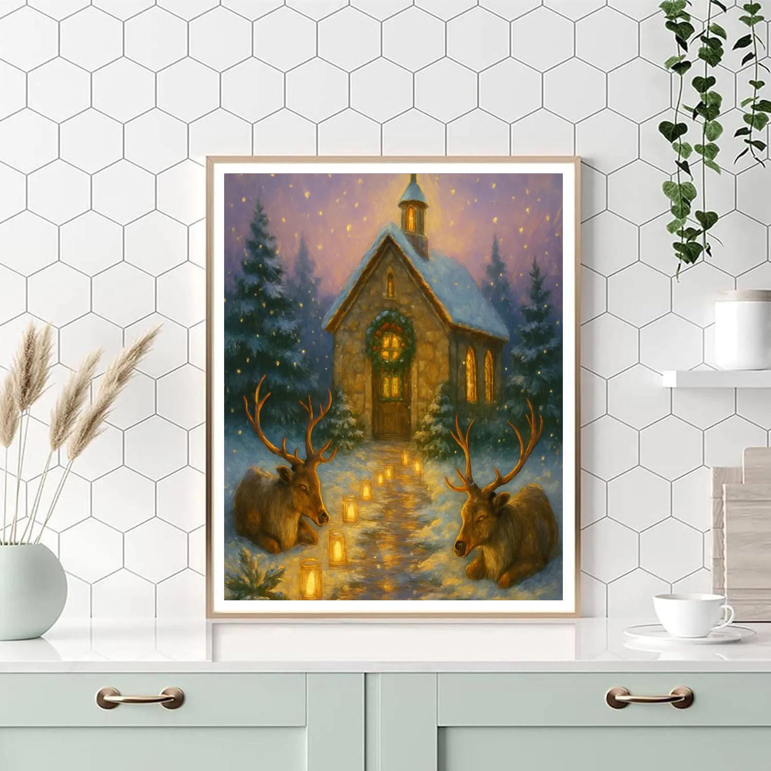 Reindeer Resting By The Candlelit Chapel paint by number