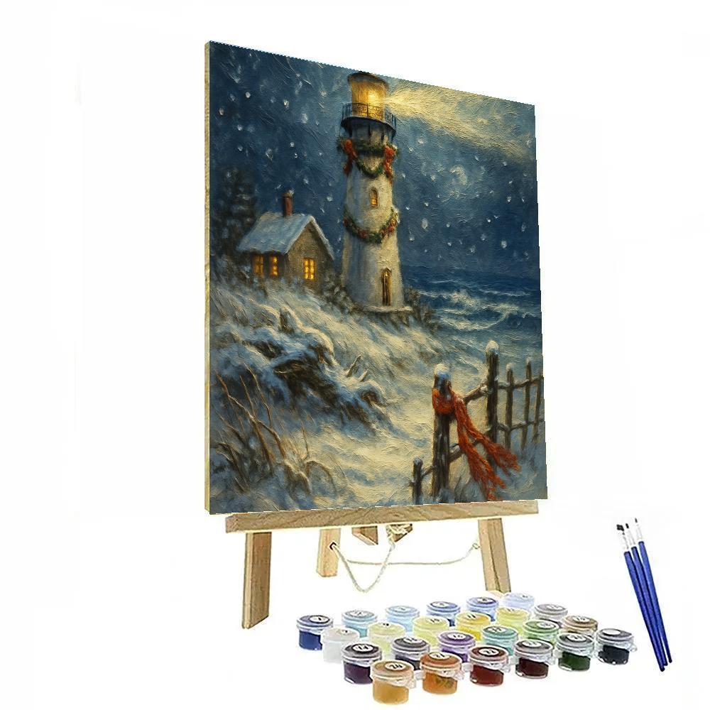 Snowy Lighthouse With Christmas Beam paint by color