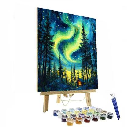 Van Gogh Inspired Aurora Over Pine Forest Number painting
