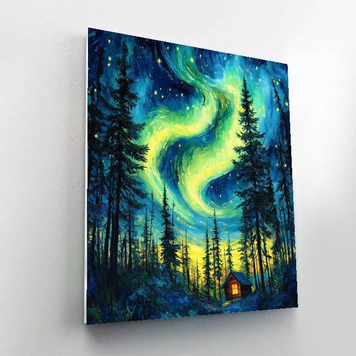 Van Gogh Inspired Aurora Over Pine Forest Number painting