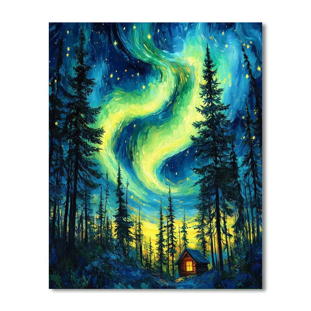 Van Gogh Inspired Aurora Over Pine Forest Number painting