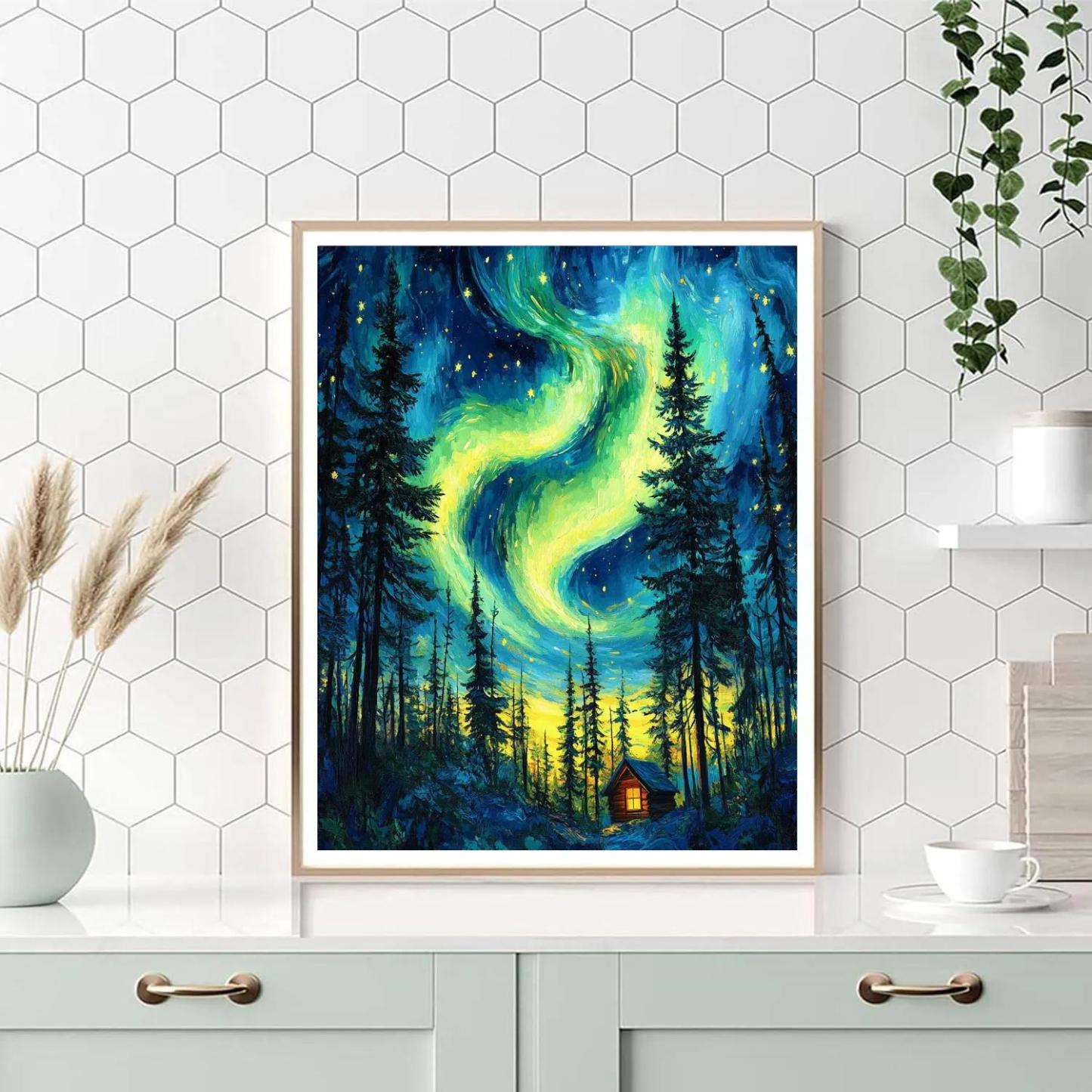 Van Gogh Inspired Aurora Over Pine Forest Number painting