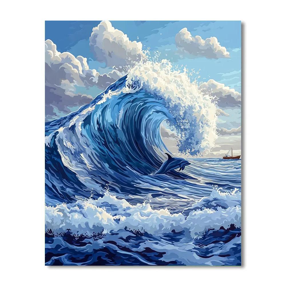 Katsushika Hokusai Inspired Ocean Wave With Dolphins paint by number