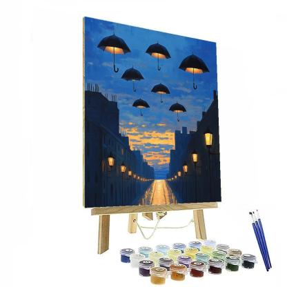 Rene Magritte Inspired Floating Umbrellas Over Citylights paint by numbers