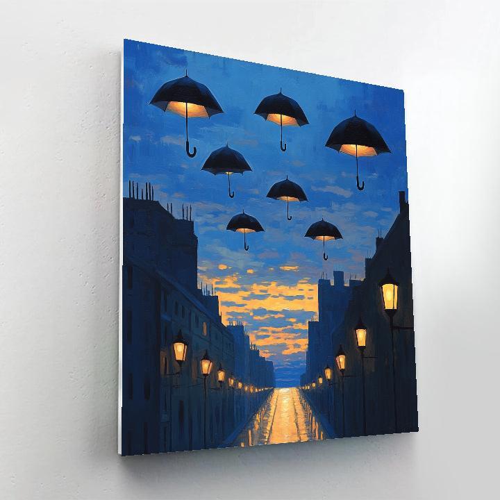 Rene Magritte Inspired Floating Umbrellas Over Citylights paint by numbers