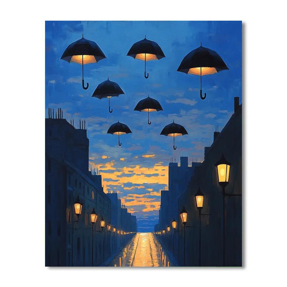 Rene Magritte Inspired Floating Umbrellas Over Citylights paint by numbers
