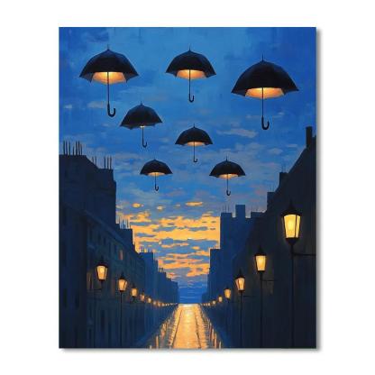 Rene Magritte Inspired Floating Umbrellas Over Citylights paint by numbers