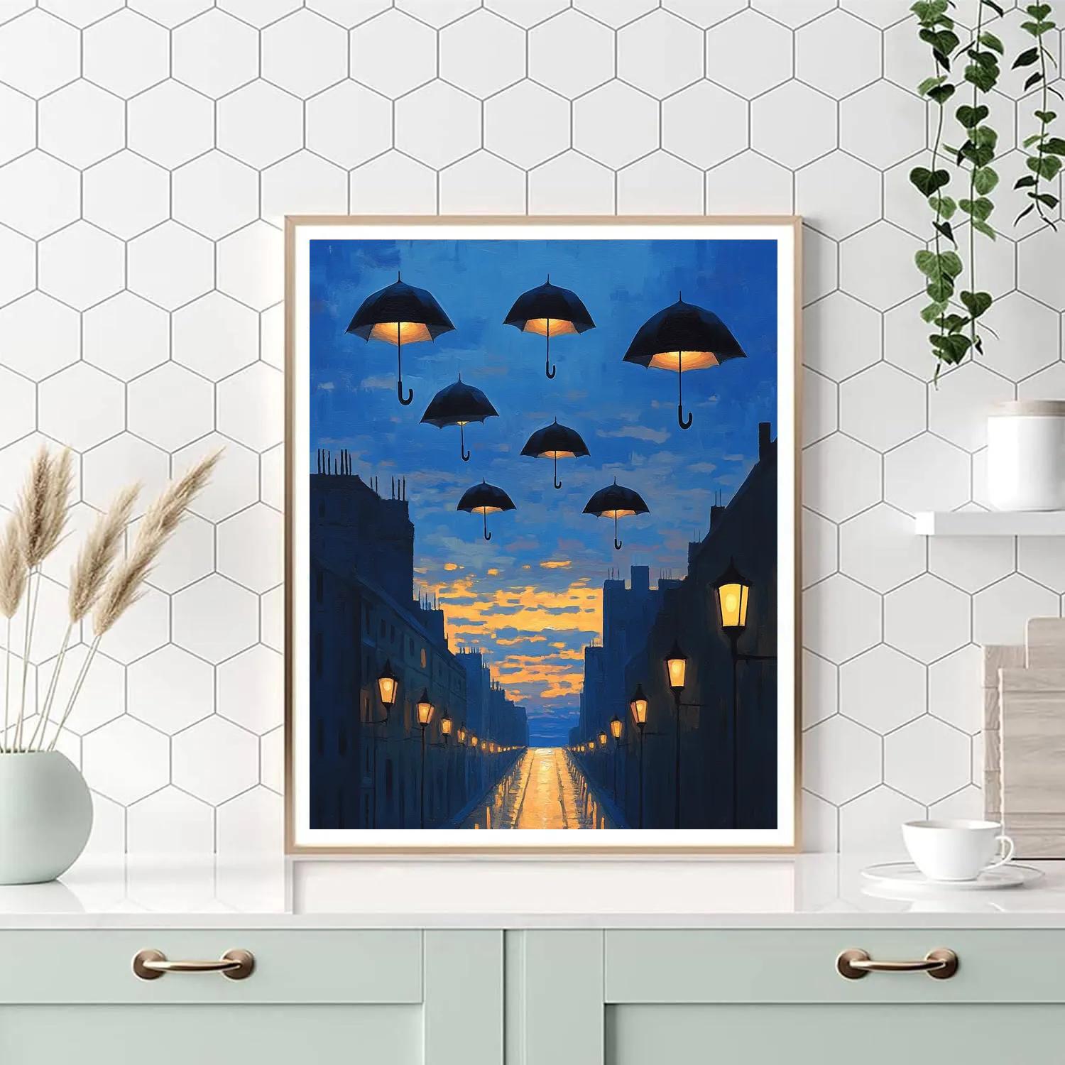 Rene Magritte Inspired Floating Umbrellas Over Citylights paint by numbers