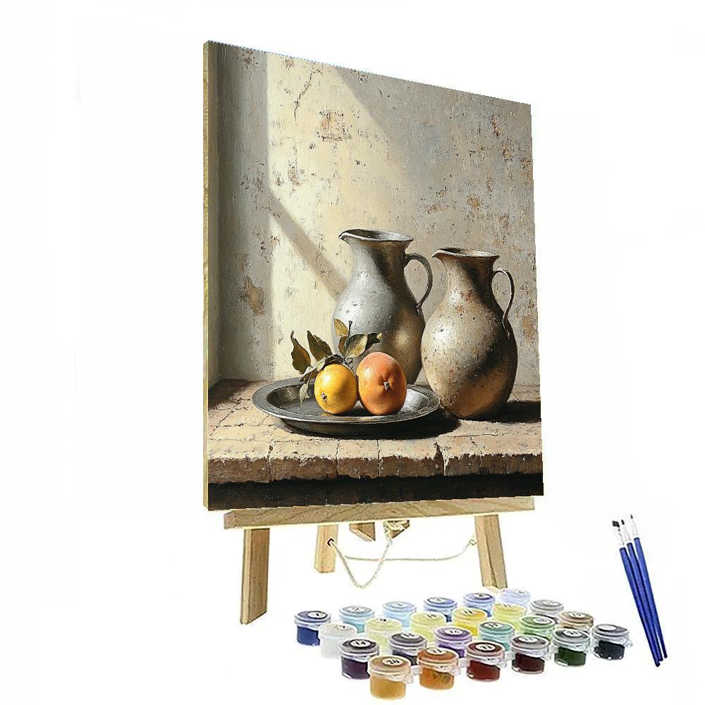 Diego Velázquez Inspired Silvery Bodegón Of Earthenware Jugs And Quinces paint by number