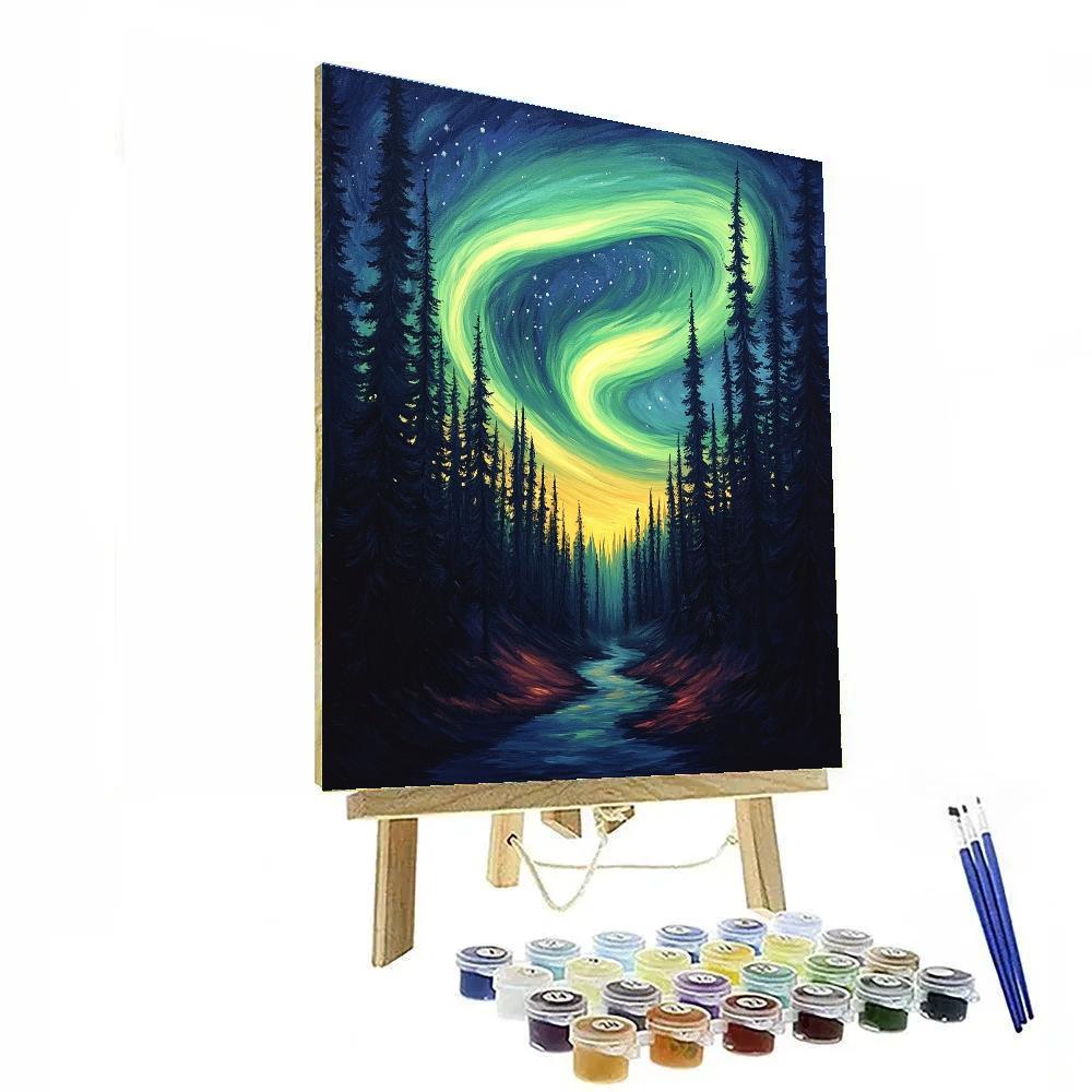 Edvard Munch Inspired Aurora Over Whispering Pines paint by numbers