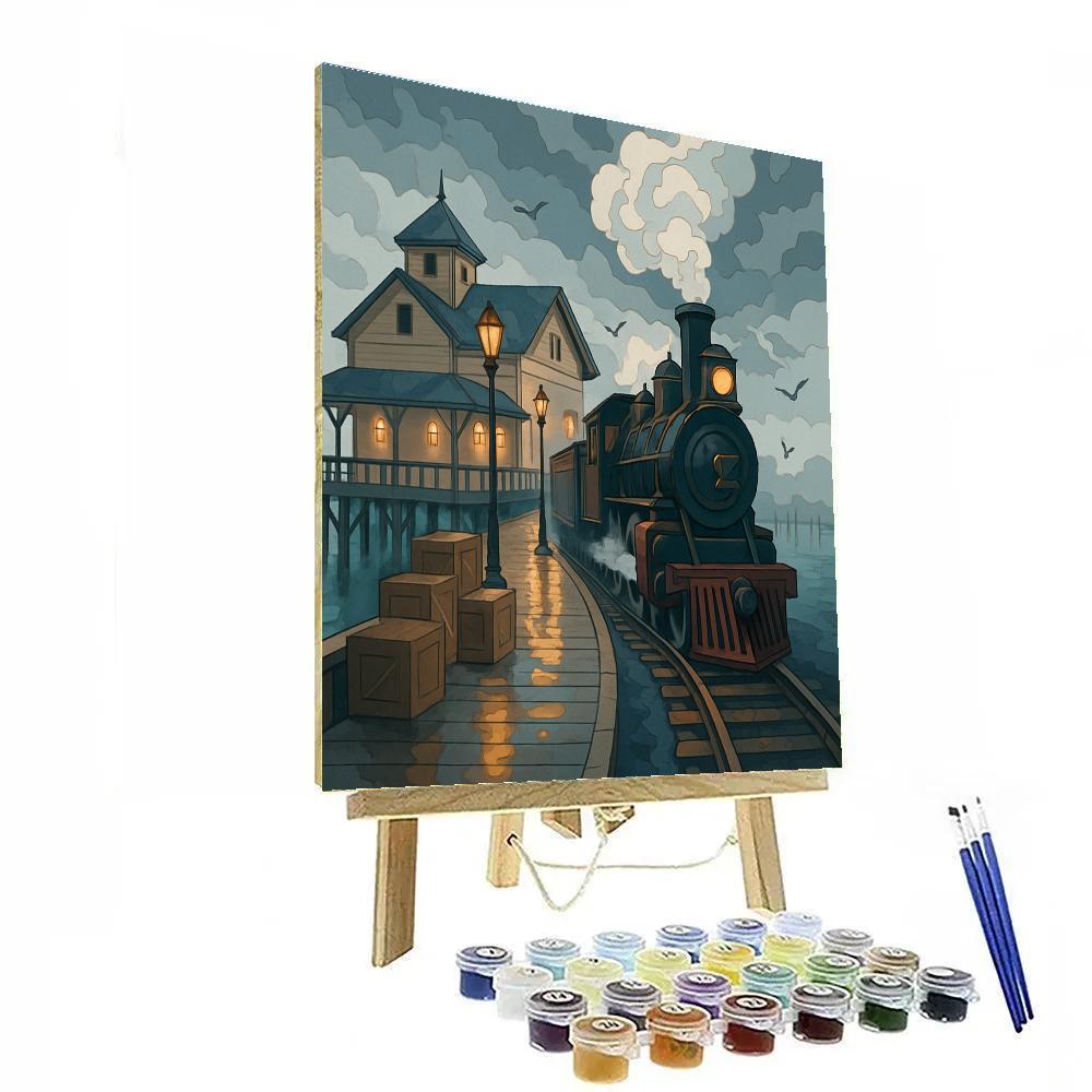 Harbor Station Under Rainy Lanterns With Train Arrival painting number kit
