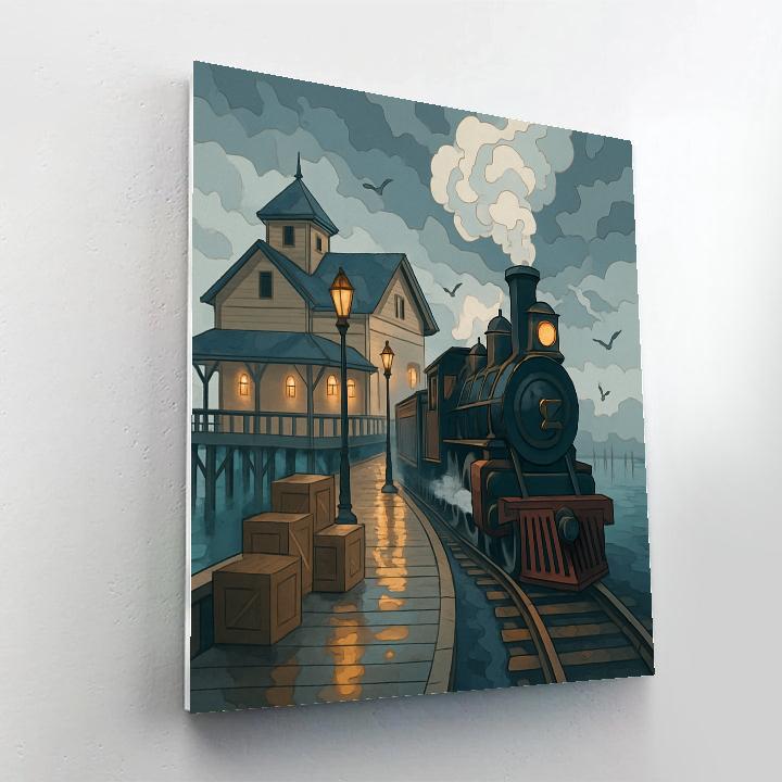 Harbor Station Under Rainy Lanterns With Train Arrival painting number kit