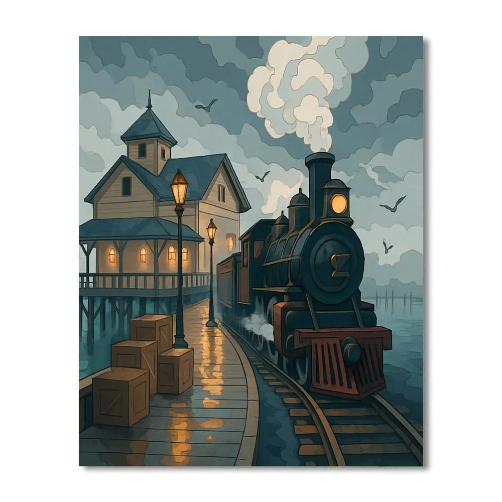 Harbor Station Under Rainy Lanterns With Train Arrival painting number kit