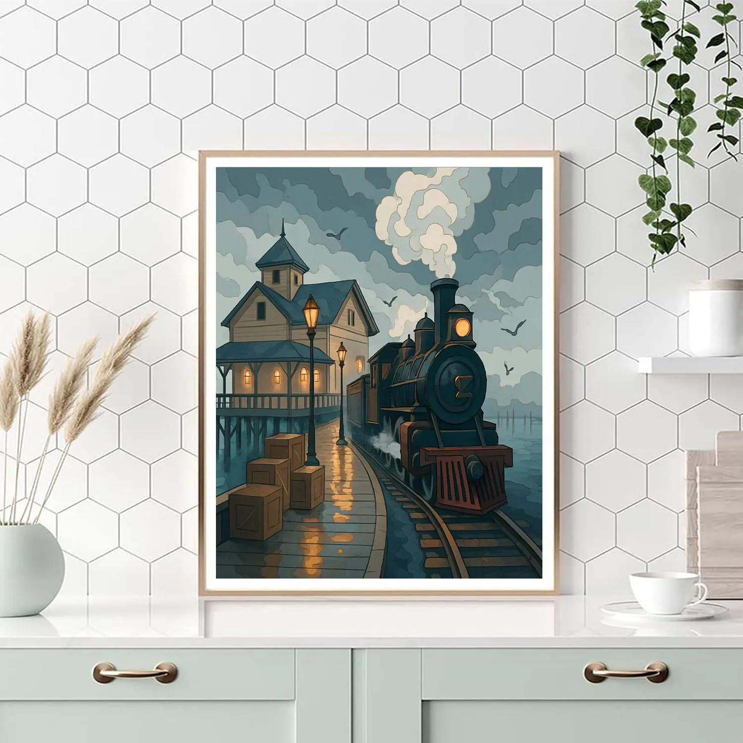 Harbor Station Under Rainy Lanterns With Train Arrival painting number kit
