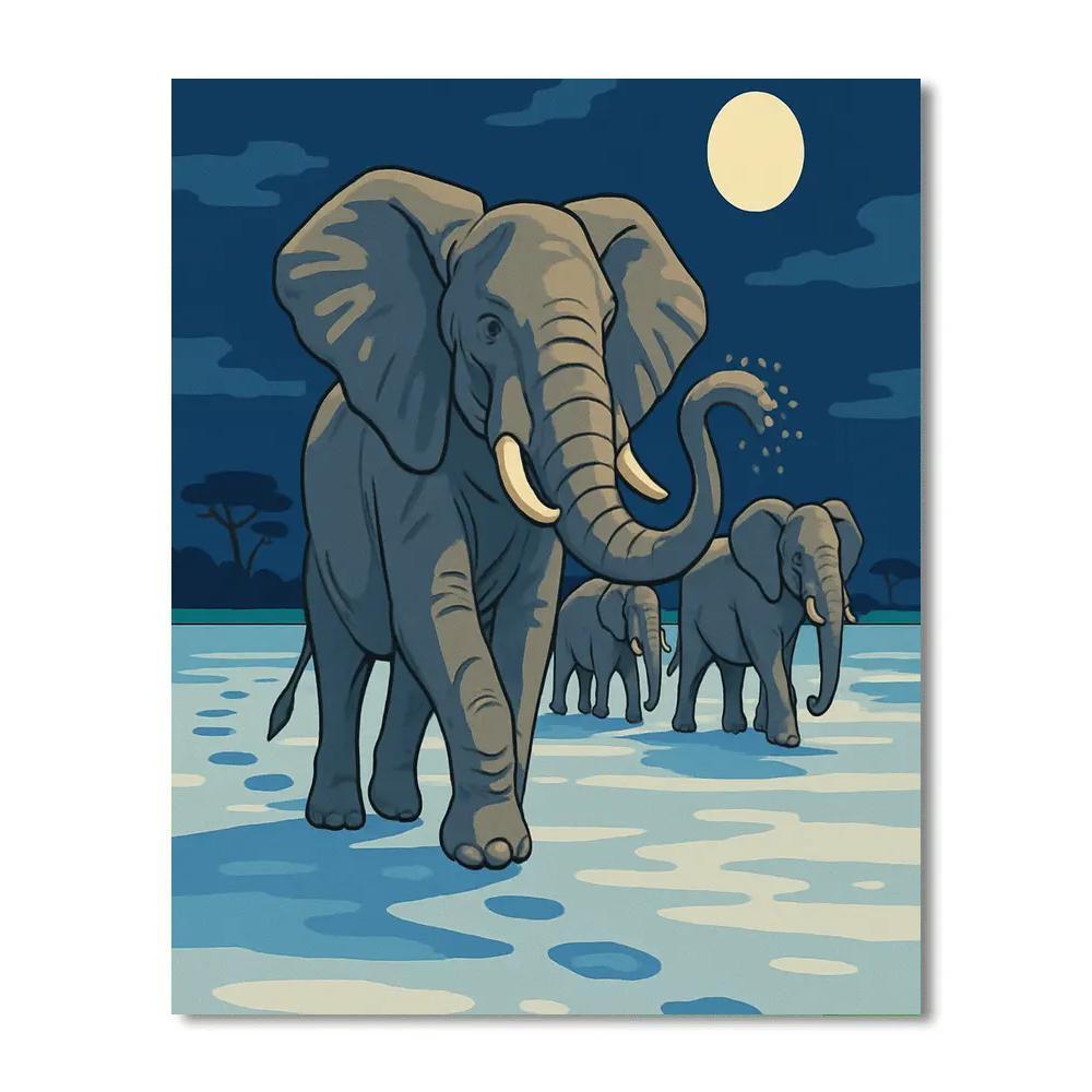 Moonlit Salt Pan Elephant Procession Number painting