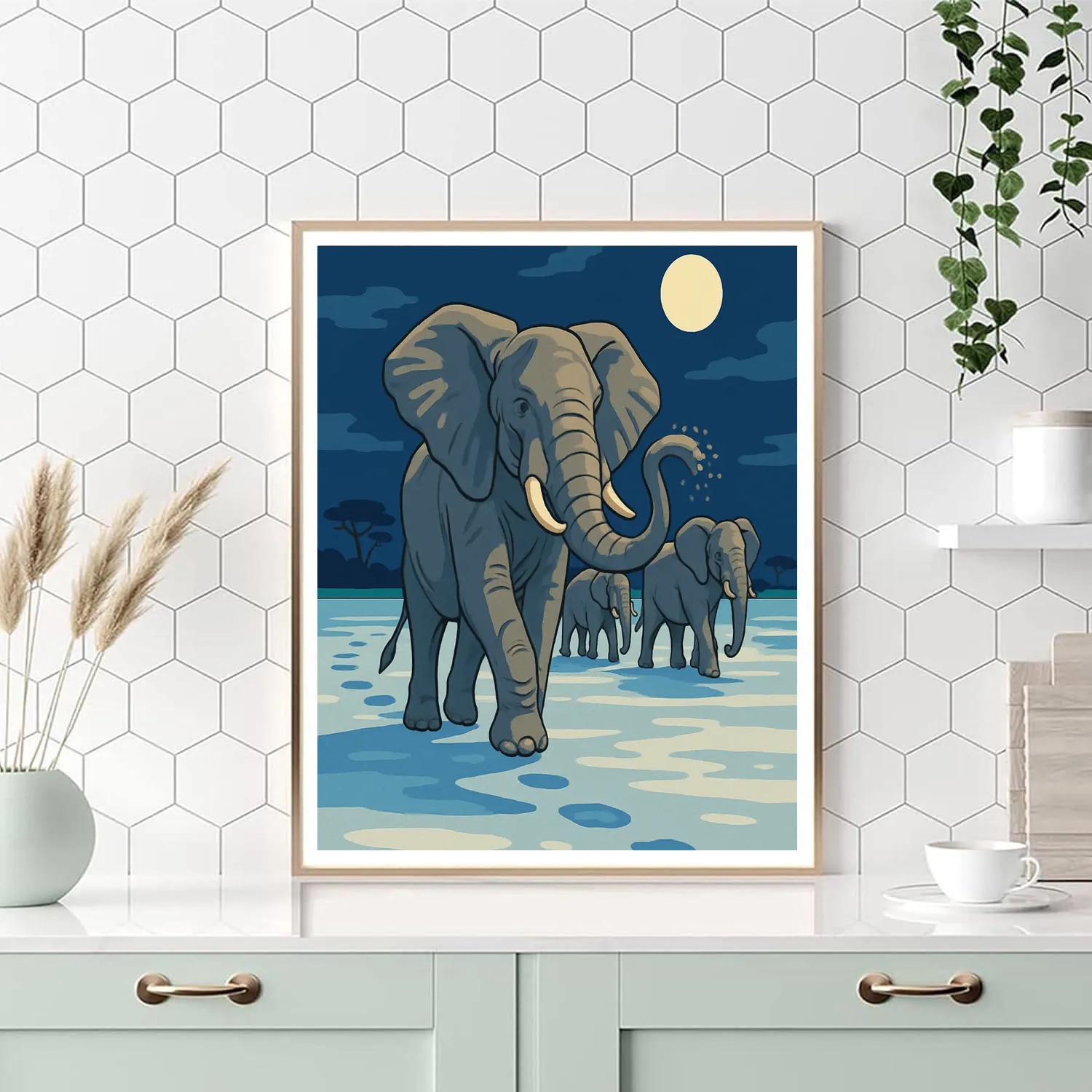 Moonlit Salt Pan Elephant Procession Number painting