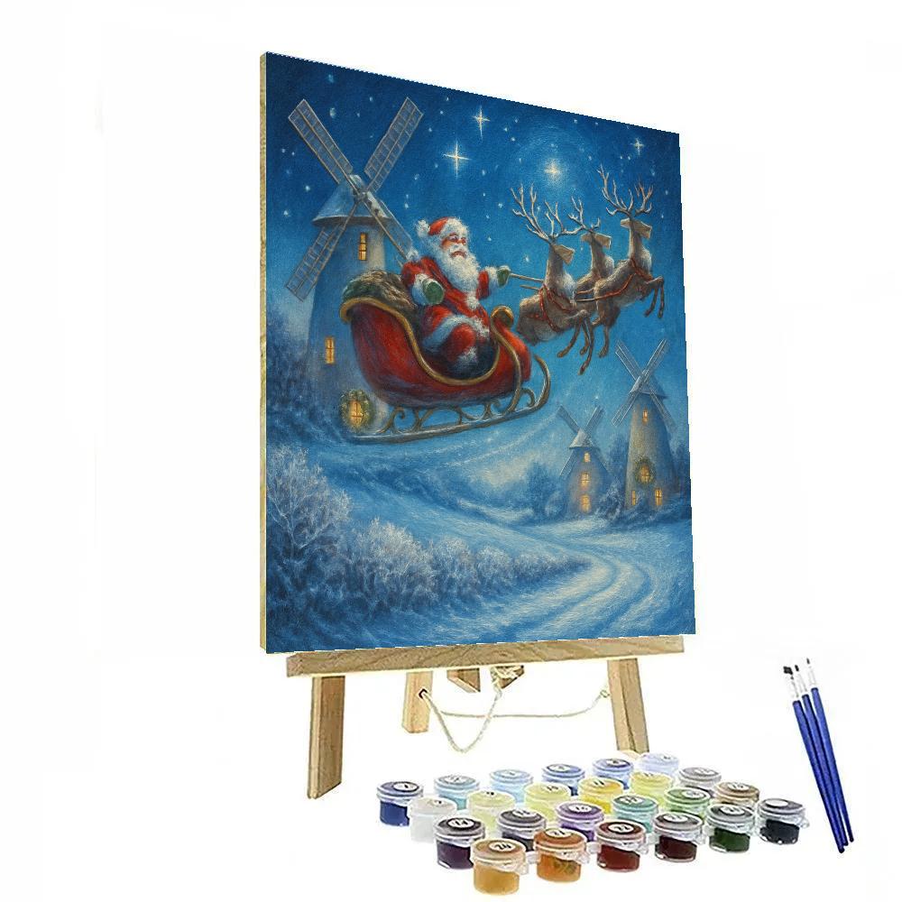 Midnight Sleigh Over Frosted Windmills painting number kit