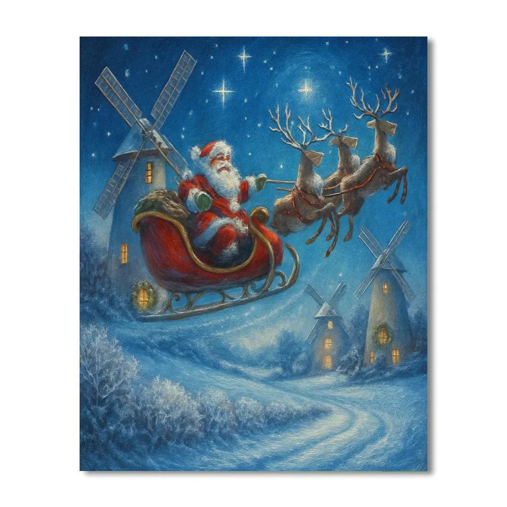 Midnight Sleigh Over Frosted Windmills painting number kit