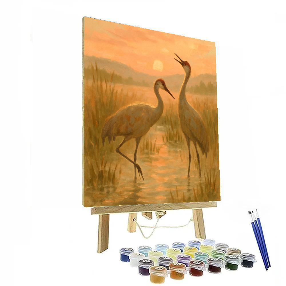 Cranes In Peach Dawn Over Reed Marsh paint by numbers