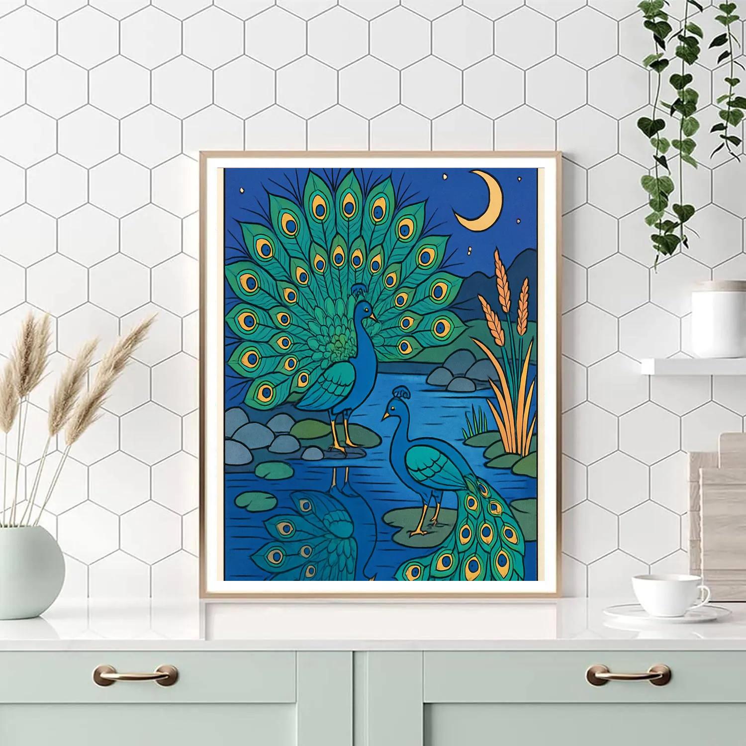 River Mirror With Peacock Courtship Paint by numbers art