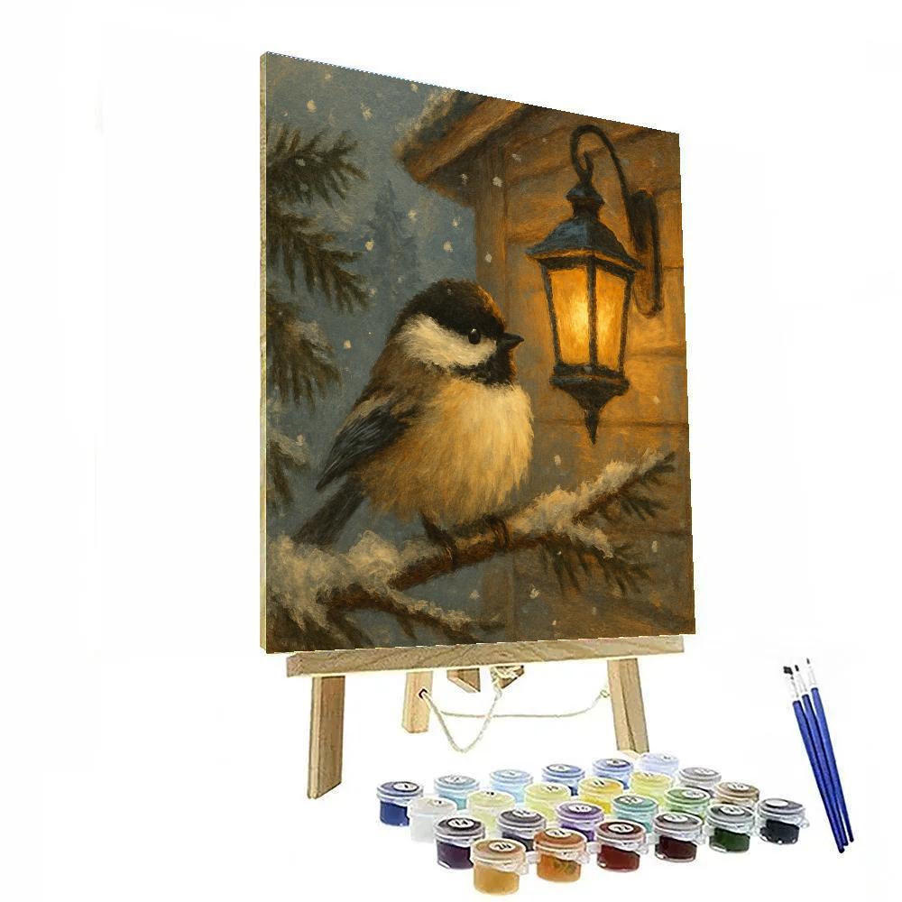 Snowy Lantern Light Chickadee Porch Branch Number painting