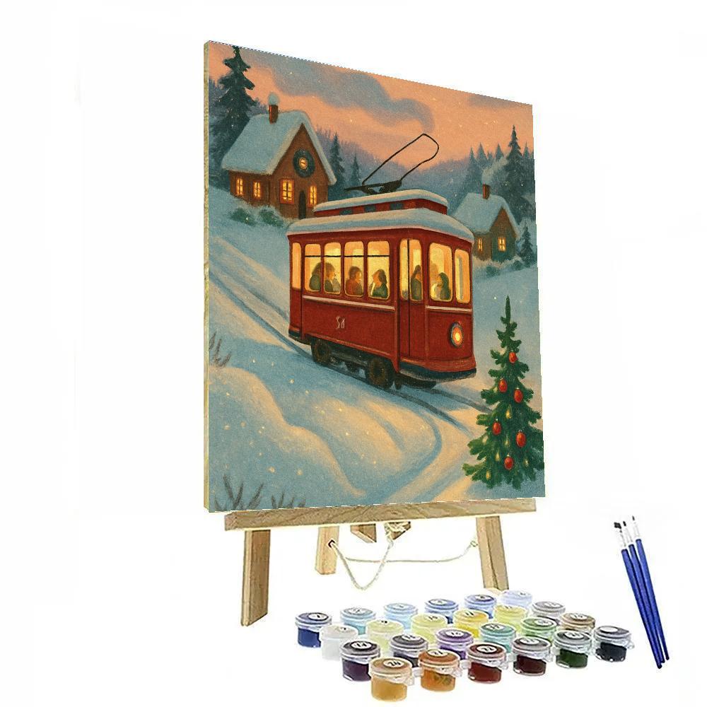 Festive Tram Through Snowy Hills paint by color