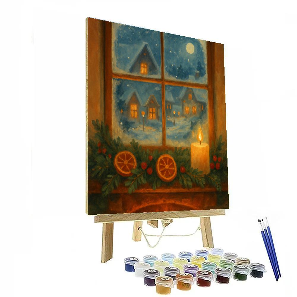 Hearthside Window With Snowy Village Reflection painting number kit