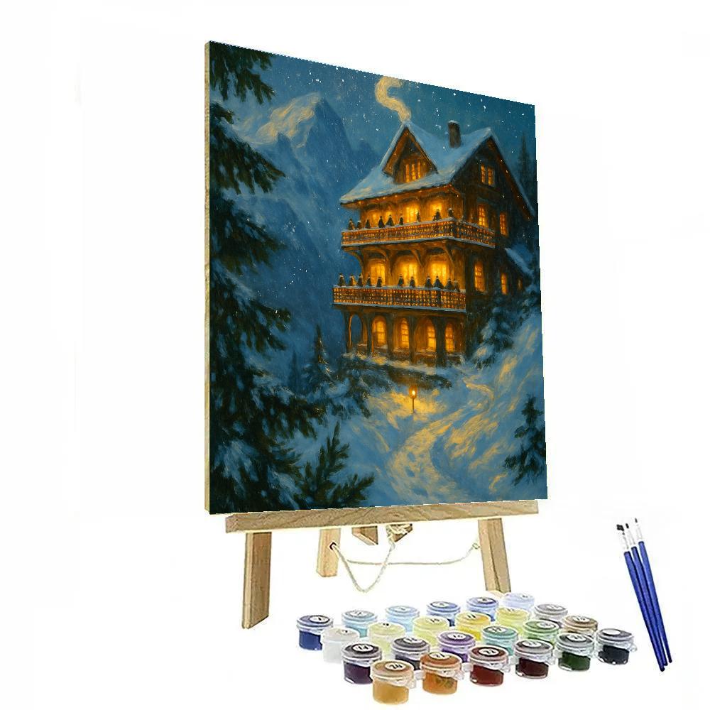 Snowy Mountain Inn With Golden Balcony Lights Painting by numbers kit
