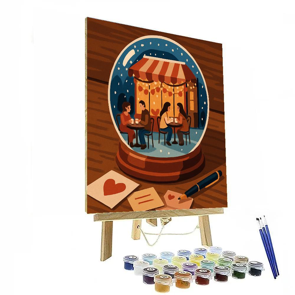 Snow Globe Cafe Valentines Day Scene Paint by numbers art