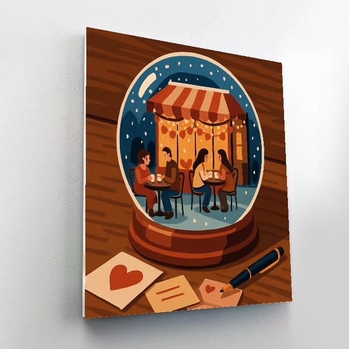 Snow Globe Cafe Valentines Day Scene Paint by numbers art