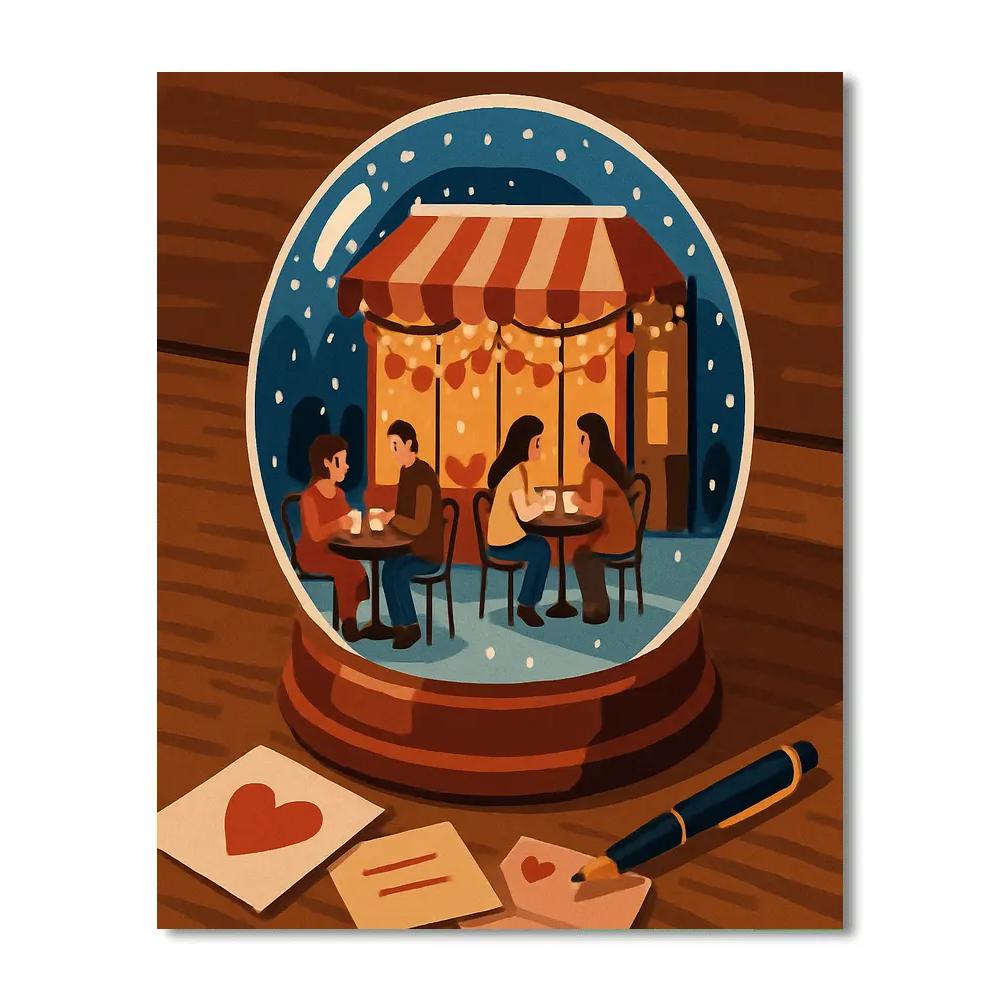 Snow Globe Cafe Valentines Day Scene Paint by numbers art